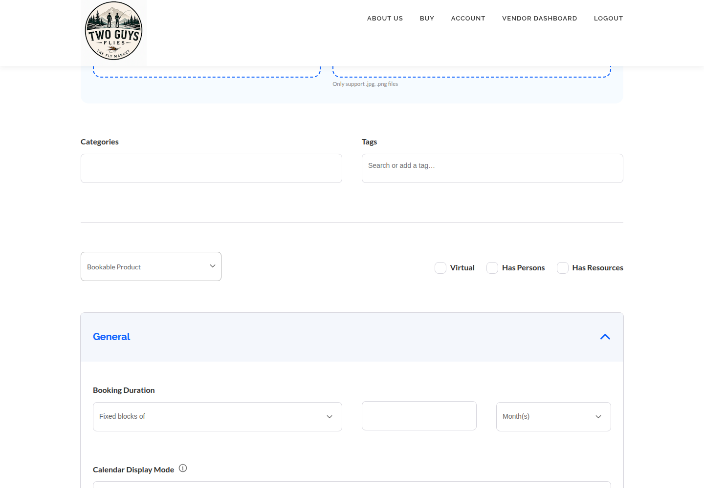 Actual Two Guys Flies vendor booking-products screen with personal information redacted