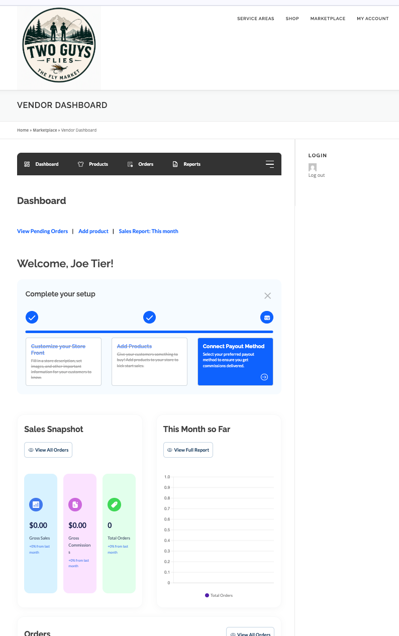 Vendor Dashboard screenshot showing sales snapshot, customize your feed, manage products, and connect payout