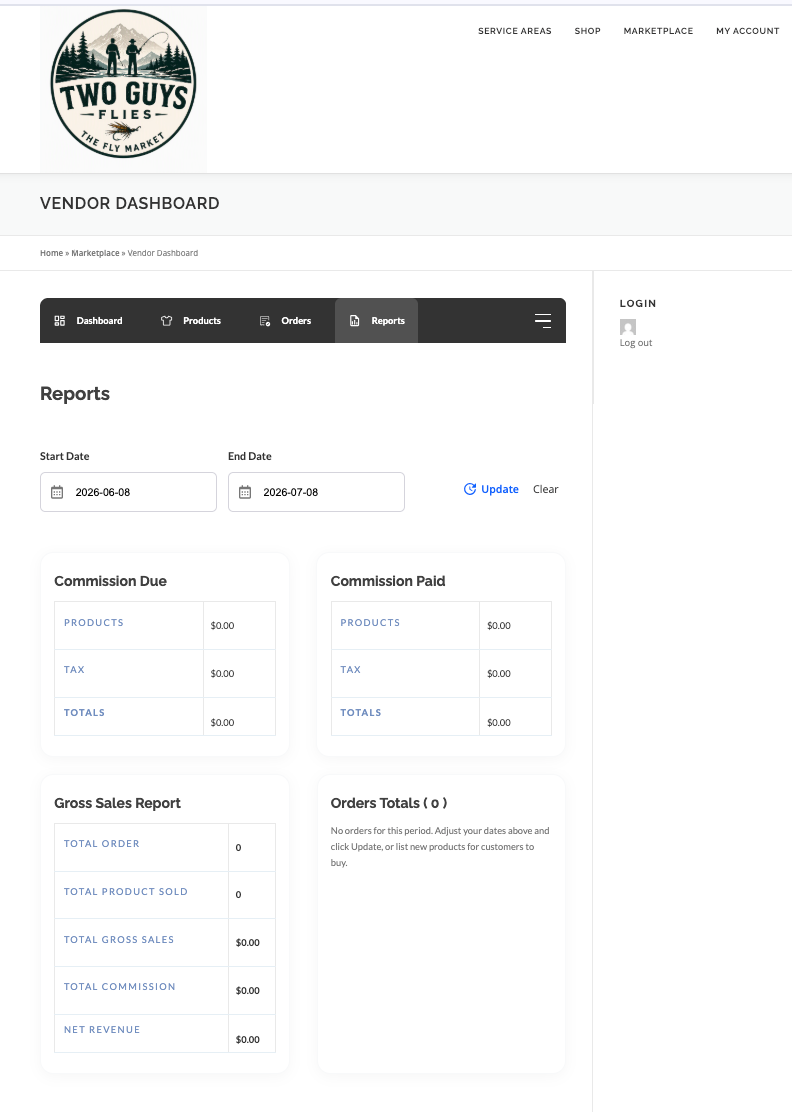 Reports screenshot with date range selector and sales graphs